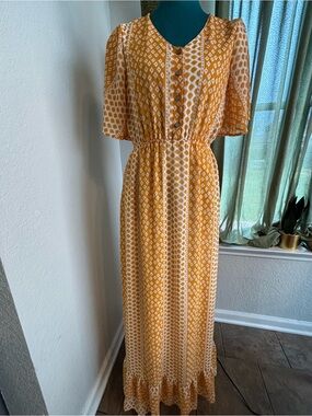Mustard Yellow Printed Maxi Dress with Button Front whimsy boho,  by Polygram